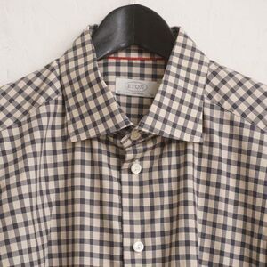 Eton Mens Dress Shirt Button Up Gray Beige Plaid Cotton XL / 17 Contemporary